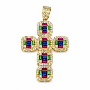 Cruz con piedras de colores, en oro 18k.