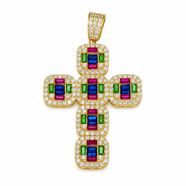Cruz con piedras de colores, en oro 18k.