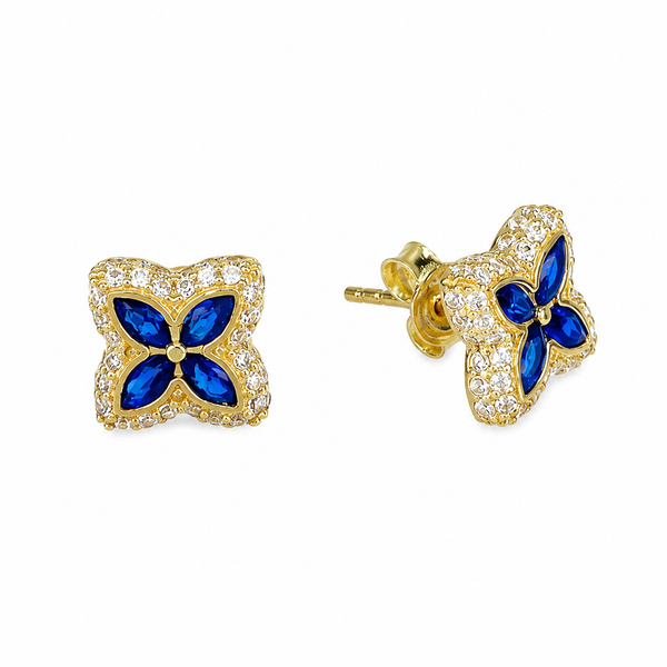 Pendientes flor azul, en oro 18k
