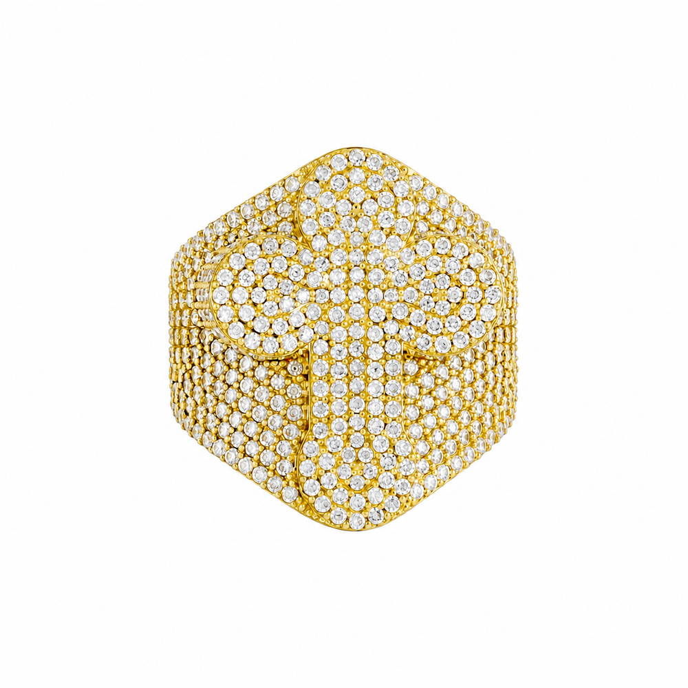Sello Cruz en piedras blancas y oro 18k