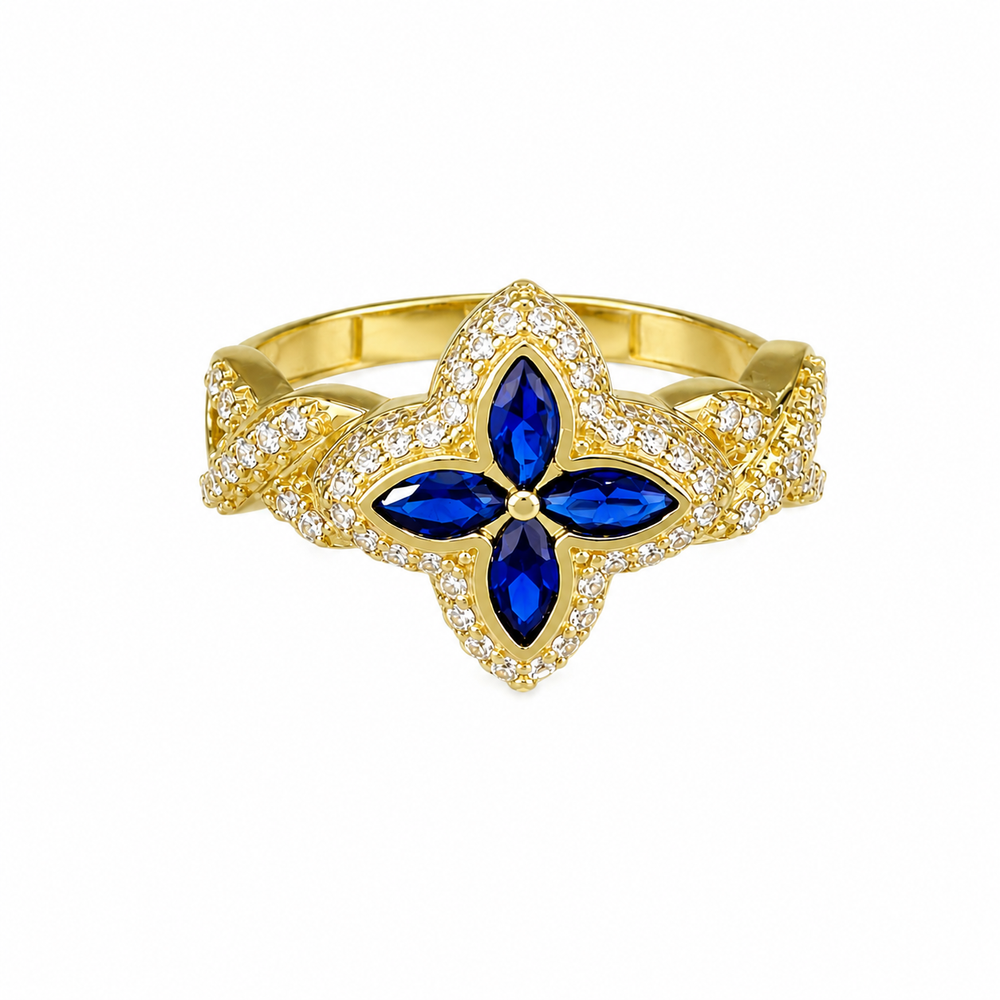 Anillo flor azul en oro 18k, piedra azul