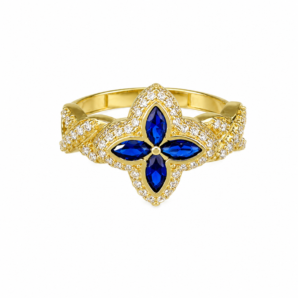 Anillo flor azul en oro 18k, piedra azul